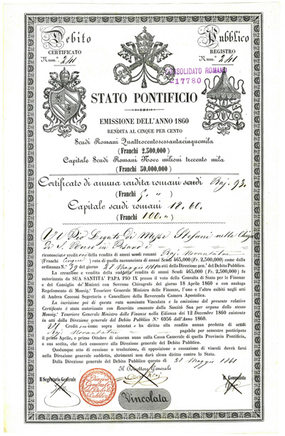 Stato Pontificio - Rendita al Cinque per cento