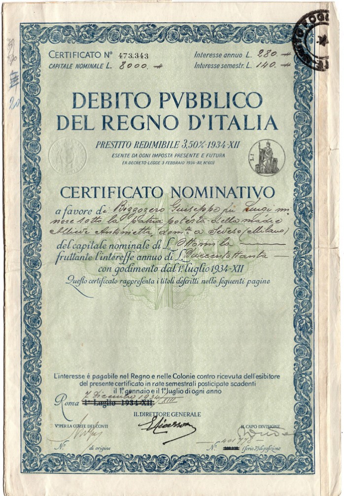 Prestito Redimibile 3,50% - 1934 - XII 